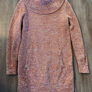 Duluth Trading Co Women's Cowl Neck Long Sweater in Pumpkin/white with pockets